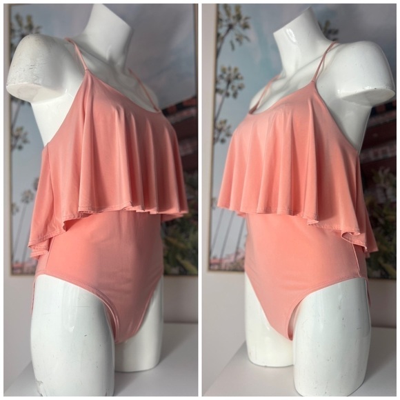 San Julian Light Peach Orange Ruffle Flounce Tank Top Bodysuit Sz Large Stretch - Picture 2 of 7